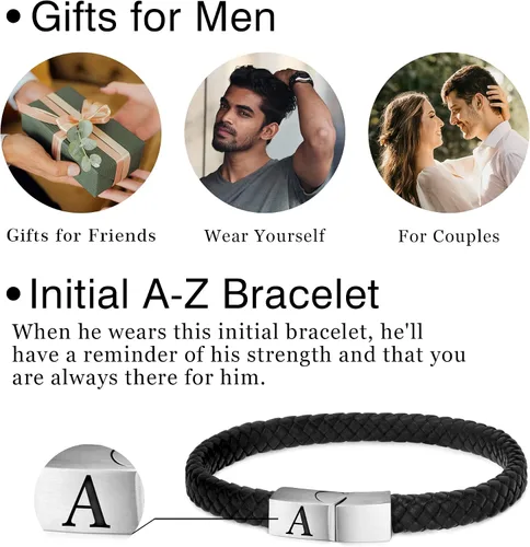 Miniatura 6 de Pulsera de cuero para hombre, regalos de Navidad, cuero de alta calidad, cierre magnético ajustable, pulsera con inicial significativa para hombres