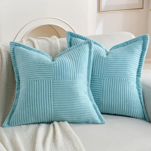 Miniatura 34 de HAUSSY Paquete de 2 fundas de almohada de 22 x 22 pulgadas, fundas decorativas de pana suave, estilo bohemio a rayas sólidas, fundas de cojín