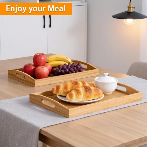 Miniatura 6 de JUPELI Bandeja redonda de bambú de 11.8 pulgadas con asas – Bandeja decorativa, bandeja de desayuno, bandeja de mesa de café, bandeja otomana, plato