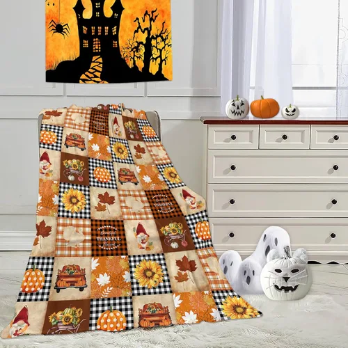 Miniatura 7 de Manta de forro polar suave, manta de otoño para sofá, diseño de gnomo, calabaza, camión, girasol, hoja de arce, búfalo, manta ligera, acogedora