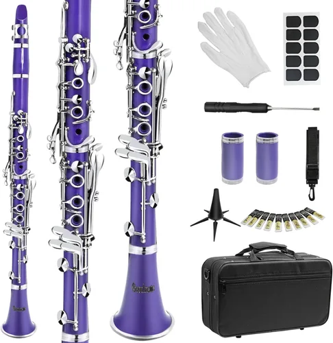 Miniatura 9 de Soulmate Bb Flat - Clarinete para estudiantes principiantes con 17 teclas de níquel con 2 barriles y kit de limpieza para clarinete, color azul