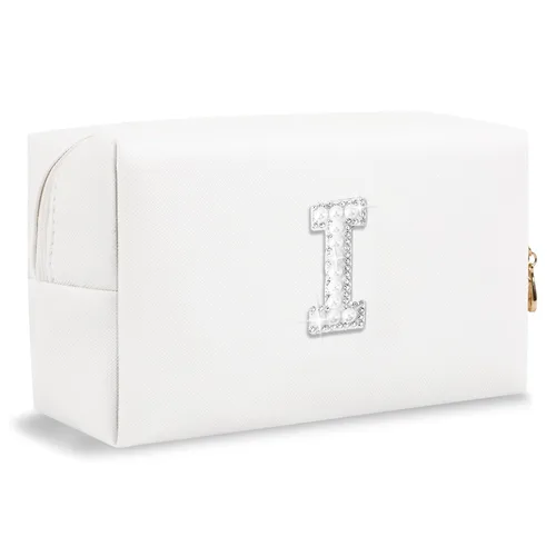 Miniatura 27 de Pequeña bolsa de maquillaje personalizada con inicial A-Z Preppy Patch, bolsa de cosméticos de viaje de felpilla blanca con cremallera, bonita bolsa