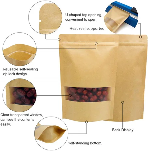 Miniatura 4 de 50 bolsas de papel kraft con ventana resellable de pie, bolsas con cierre de cremallera, bolsa de almacenamiento de alimentos a granel para pequeñas