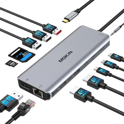 Miniatura 10 de Estación de acoplamiento, adaptador USB C, adaptador multipuerto de pantalla triple 9 en 1 con 2 HDMI 4K, DisplayPort, 3 USB, 100 W PD, lector