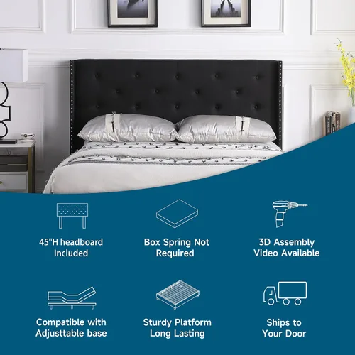Miniatura 7 de Base de cama de plataforma tapizada Queen con cabecera de 45 pulgadas y base ajustable, cama de lino con botones copetudos, soporte de listones