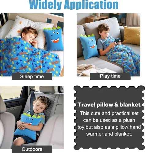 Miniatura 7 de Juego de almohada y cobija de viaje 3 en 1 para niños - 102x152cm, almohada de felpa con calentador de manos, cobija con diseño de dinosaurio