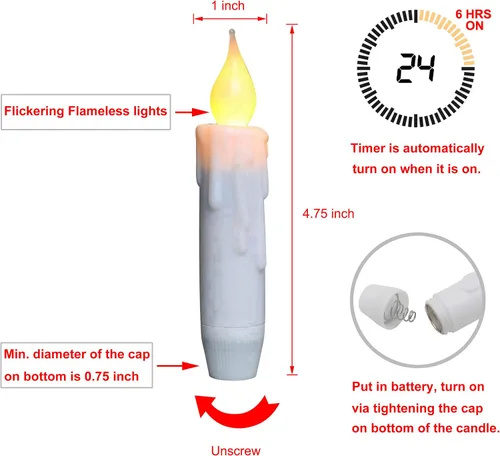 Miniatura 6 de CVHOMEDECO. Velas cónicas parpadeantes LED, velas sin llama con goteo, operadas por batería con temporizador, blancas, 4-3/4 pulgadas, juego de 2