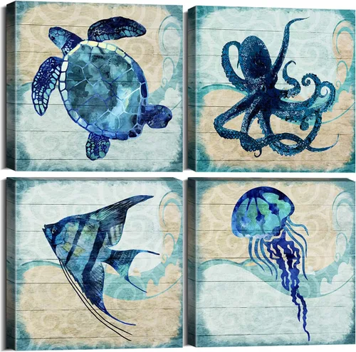 Miniatura 14 de YOOOAHU - 4 unidades de arte de pared de impresión en lienzo con diseño de océano, animales marinos, tortuga marina, caballito de mar, ballena, Verde