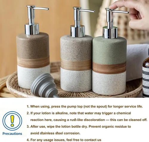 Miniatura 7 de Juego de dispensador de jabón de cerámica con embudo de silicona, jabón de manos, champú, gel de baño, dispensador de loción para cocina y baño