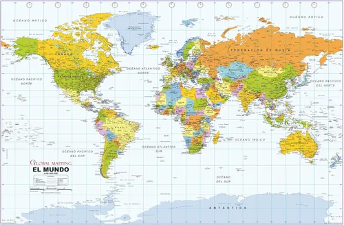 Mapa político del mundo, mapa político del mundo, idioma español - 40.75 x 27 pulgadas - Papel - Tubo plano