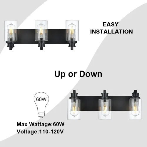 Miniatura 6 de Lámpara de baño vintage de 3 cabezales en acabado negro mate, pantalla de vidrio transparente clásica, iluminación de baño sobre espejo, lámpara