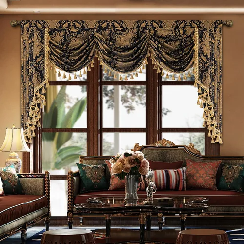 Miniatura 28 de Loom and Mill Cenefa de cascada de lujo de jacquard para sala de estar, elegantes cenefas de ventana con festones y cuentas damascadas, cortinas