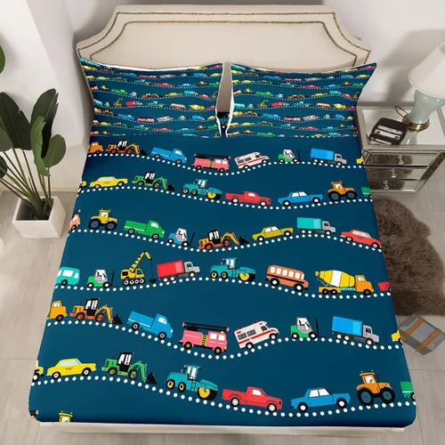 Miniatura 19 de Juego de sábanas bajeras ajustables para niños, diseño de caricaturas, camiones, tamaño individual, juegos de ropa de cama de excavadoras, camiones