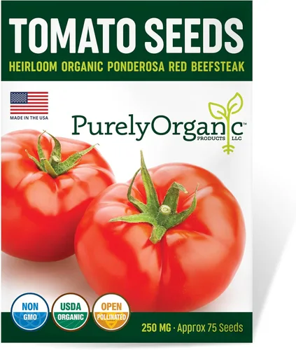 Semillas de tomate orgánico (Ponderosa Red Beefsteak) – Aproximadamente 75 semillas – USDA Orgánico, Sin OGM, Polinización Abierta, Herencia, Origen