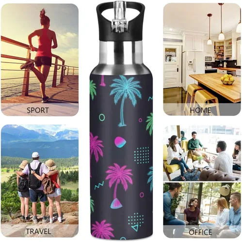 Miniatura 5 de Insulated Stainless Steel Water Bottle with Straw 20 Oz, Leakproof Water Bottles for Gym Outdoor Travel School, Tropical Palm Trees Neon