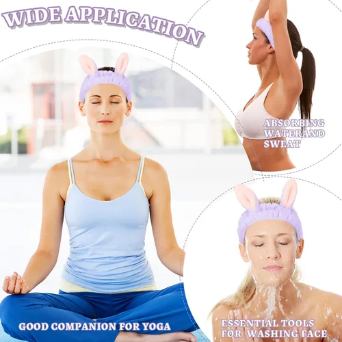 Miniatura 5 de Jowmoy Bonita diadema de orejas de conejo, diseño de ojo de rana, elástica para lavar la cara, para mujeres, maquillaje, ducha, spa. Q-Orejas