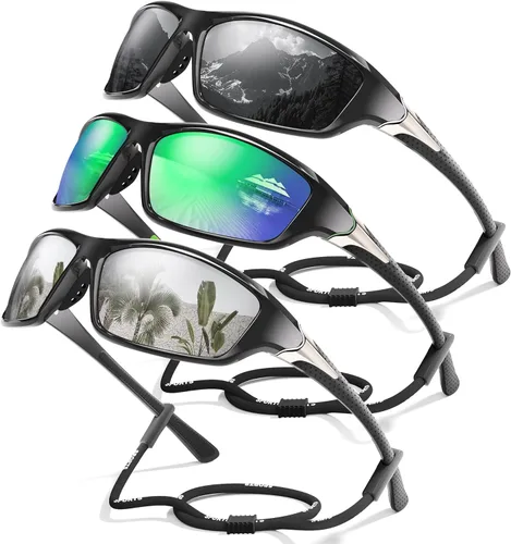Miniatura 13 de Paquete de 3 lentes de sol deportivos polarizados para hombres, gafas de sol masculinas envolventes con protección UV para ciclismo, pesca
