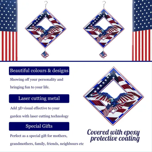 Miniatura 6 de Hilanderos de Águila para Patio y Jardín, Hilandero de Viento Colgante, Atrapadores de Viento 3D de Metal, Hilandero Cinético de Bandera Americana
