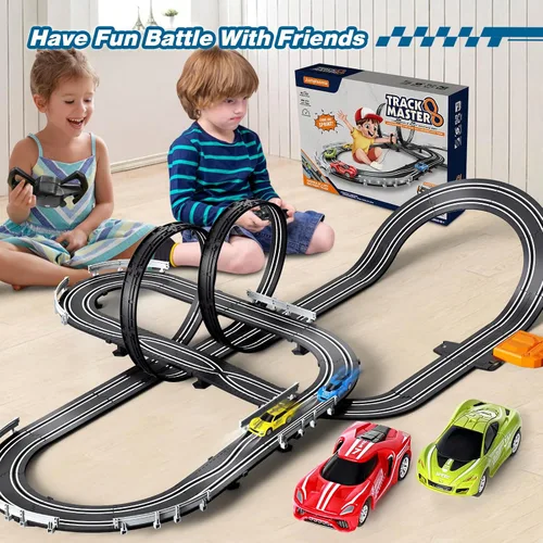 Miniatura 4 de Juegos de pista de carreras de coches de ranura para niños, batería o pista de carreras eléctrica con 4 coches de ranura de alta velocidad y 2