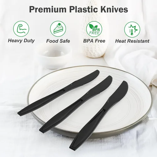 Miniatura 4 de Dealusy 360 cuchillos de plástico negro extra resistentes, desechables, sin BPA, resistentes al calor, cuchillos desechables sólidos y duraderos a