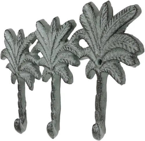 Miniatura 5 de Ebros Gift Paquete de 2 figuras de hierro fundido Verdigris Tropical Paradise Beach, 3 palmeras de coco, 3 clavijas, ganchos de pared triples
