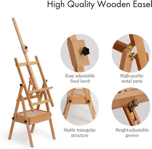 Miniatura 7 de ARTIFY - Caballete de madera grande con marco en H, soporte de lona resistente de madera de haya, uso horizontal y vertical, para acrílico, aceite