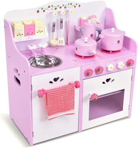Miniatura 9 de HONEY JOY Juego de Cocina Rosa para Niños, Cocina de Juego de Simulación de Madera para Niños Pequeños, 13 Piezas de Utensilios de Cocina, Grifo