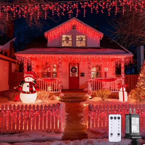 Miniatura 14 de JMEXSUSS 400 luces LED de Navidad de carámbano de 38.8 pies con control remoto, tira de luces multicolor para exteriores enchufables, 8 modos