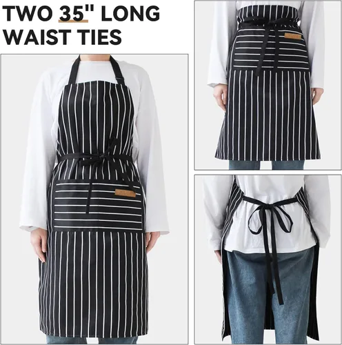 Miniatura 5 de NLUS Paquete de 2 delantales de cocina de cocina, delantal de chef ajustable suave con 2 bolsillos para hombres y mujeres (rayas negras y marrones)