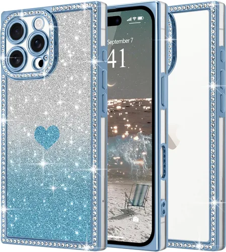 Miniatura 10 de Funda para iPhone 13, funda de diamantes de imitación de lujo con patrón de corazón de amor de cristal [papel con purpurina extraíble], parachoques