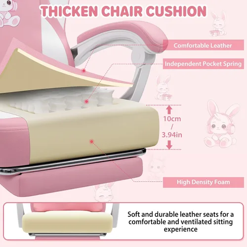 Miniatura 5 de HOFFREE Silla de juegos para computadora para niñas con lindo conejo, almohada lumbar de masaje, silla de oficina rosa para escritorio