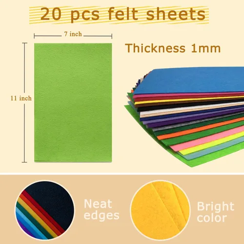 Miniatura 2 de Hojas de tela de fieltro rojo, 20 piezas de 7 x 11 pulgadas, 0.039 pulgadas de grosor de colores surtidos para manualidades de costura