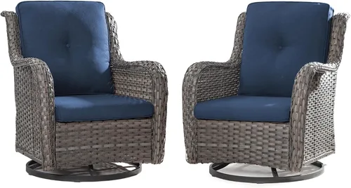 Miniatura 62 de Juego de 2 sillas de patio giratorias de 360 grados para exteriores y mesa auxiliar a juego – 3 sillas deslizantes de mimbre para patio con cojines