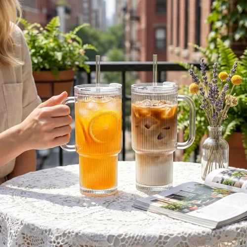 Miniatura 2 de INSETLAN Vaso de vidrio acanalado de 24 onzas con asa y tapa, paquete de 2 tazas grandes para café helado con pajitas, taza de vidrio moderna