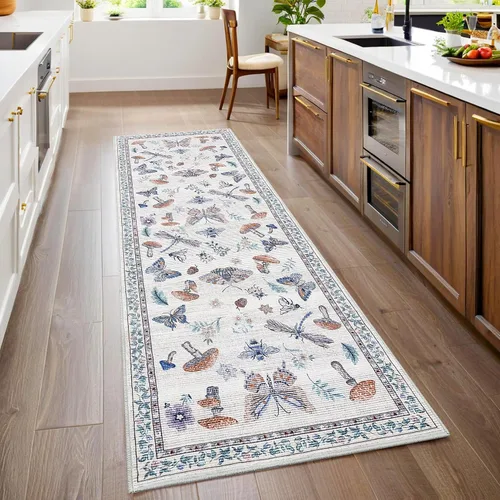ROYHOME - Alfombra con diseño de hongos e insectos, para pasillos, cocina o baño, antideslizante, lavable, suave, larga, 2 x 6, beige