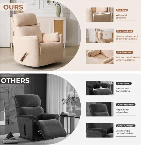 Miniatura 7 de Sillón reclinable giratorio de gran tamaño con masaje y calor, sillón reclinable giratorio para guardería con reposacabezas ajustable, silla Beige