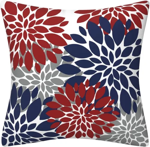 Miniatura 2 de Juego de 2 fundas de almohada decorativas de dalia azul marino, rojo, gris, dalia floral, para interiores y exteriores, funda de almohada