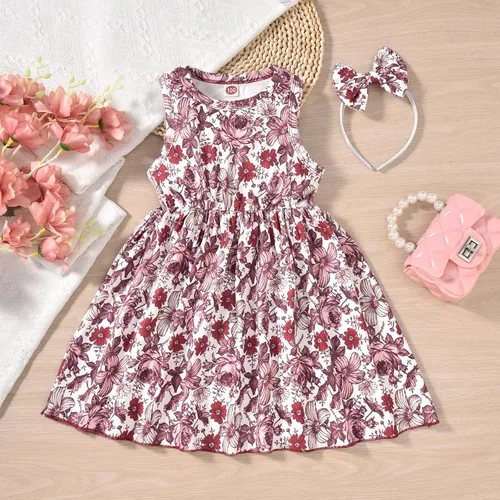 Miniatura 5 de HINTINA Conjunto de 2 piezas de vestido y cárdigan para niñas pequeñas, vestido sin mangas con estampado floral y cárdigan de manga larga