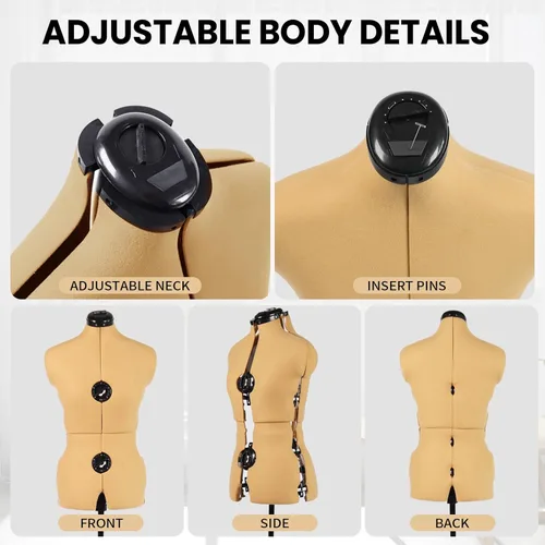 Miniatura 4 de Maniquí de forma de vestido ajustable de cúrcuma para coser mujeres tallas 6-14, cuerpo de modelo pinable con 13 diales, ruedas desmontables, rango