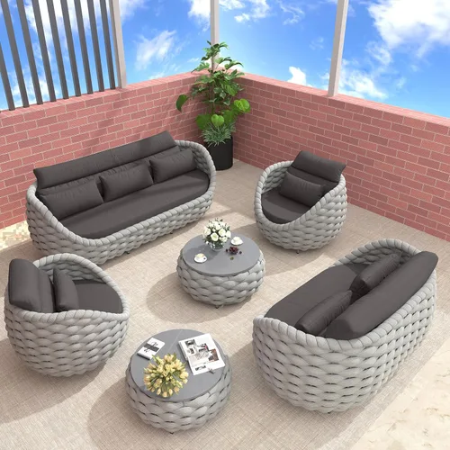 Miniatura 10 de TWT 3-Piece Woven Rope Patio Furniture Set, 2 Outdoor Armchairs with Soft Cushions + Round Aluminum Coffee Table, All-Weather Conversation Set for