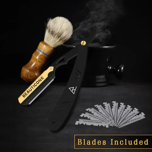 Miniatura 4 de BEAUTICONE Maquinillas de afeitar rectas para hombres, maquinilla de afeitar de borde recto, 100 cuchillas de un solo filo, acero inoxidable, Negro