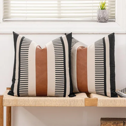 Miniatura 36 de Funda de almohada bohemia de color blanco y negro con piel, funda de cojín moderna de 22 x 22 pulgadas, funda de almohada de rayas estilo campestre