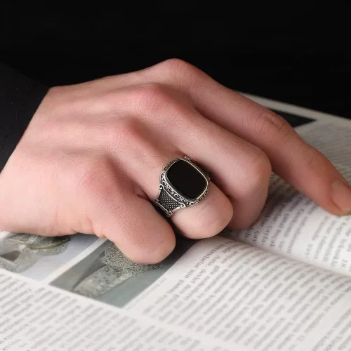 Miniatura 4 de 925 Sterling Silver Men Silver Ring with Onyx Stone, Handmade Engraved Black Onyx Gemstone Silver Ring, Gift for him, Minimalist Silver Ring