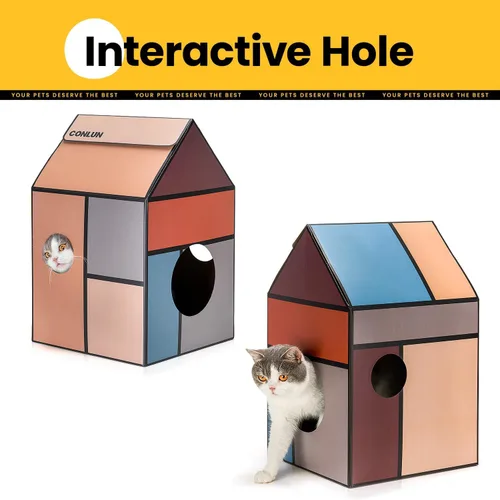 Miniatura 3 de Conlun Casa de cartón para gatos con almohadilla para rascar y hierba gatera, casa rascador para juegos de gatos para muebles de interior, rascador