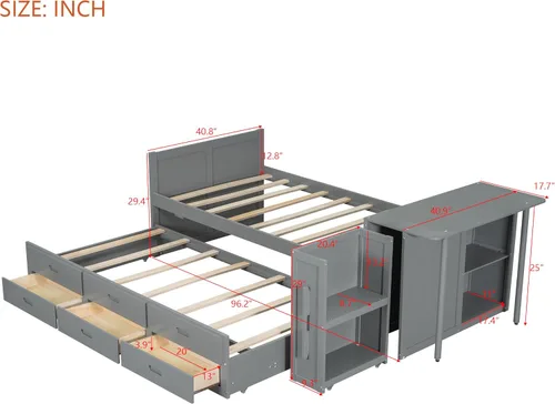 Miniatura 2 de Cama de plataforma de tamaño individual con nido y 3 cajones, escritorio pequeño, cama individual con gabinete extraíble y estantes