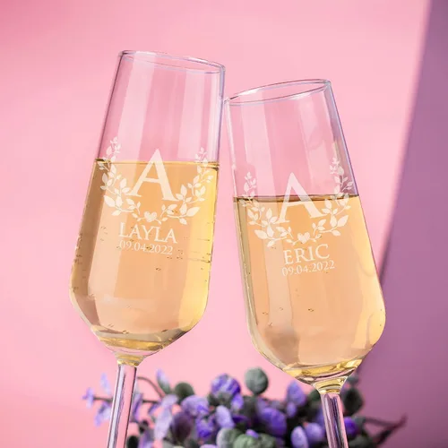 Miniatura 5 de Juego de 2 copas de champán personalizadas para boda, copas de champán personalizadas para nombres de novios y citas con hojas y corazón, Mr Mrs