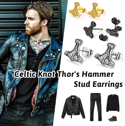 Miniatura 5 de FaithHeart Norse Vikingo Jewelry - Aretes de tuerca de plata de ley de acero inoxidable, lobo celtamartillo de Thors para mujeres y hombres, Acero