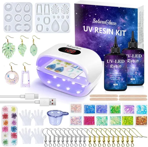 Kit de resina UV SolaraGlaze con luz de 240g, tipo duro, resina UV transparente para hacer joyería, luz de dos lados y moldes, suministros para