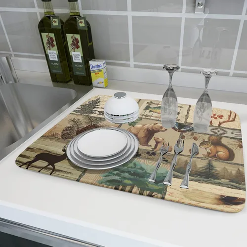 Miniatura 6 de Tapete de secado de platos de cabaña rústica, tapete escurridor de vida silvestre de oso del bosque, alce, 18 x 24 pulgadas, almohadilla escurridor