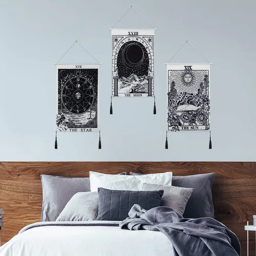 Miniatura 5 de Boao 3 piezas de tapiz de luna y estrella, arte en blanco y negro para colgar en la pared, decoración para dormitorio, sala de estar, oficina